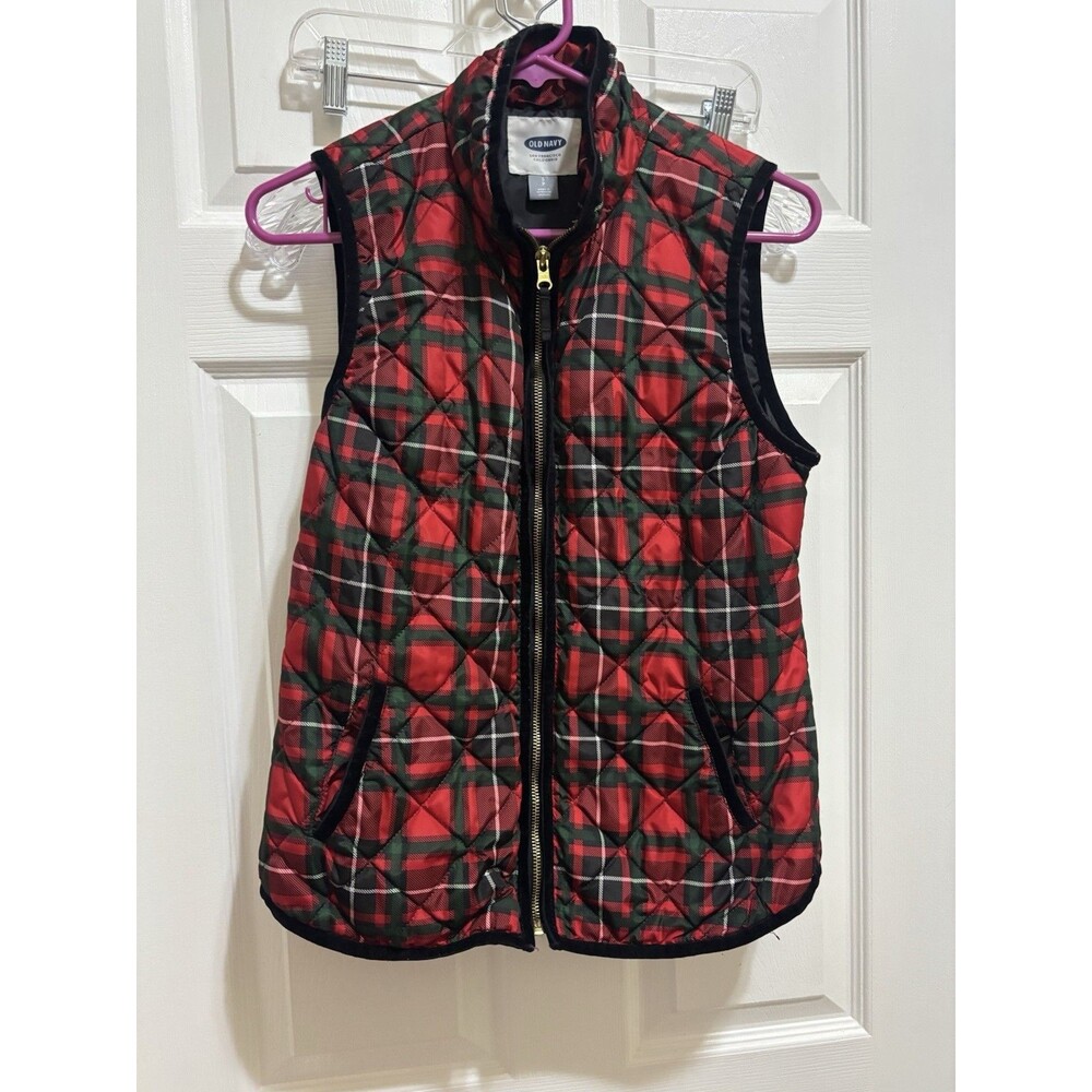 Old Navy  Plaid Full Zip Quilt Vest Womens S Classic Preppy Holiday Velvet